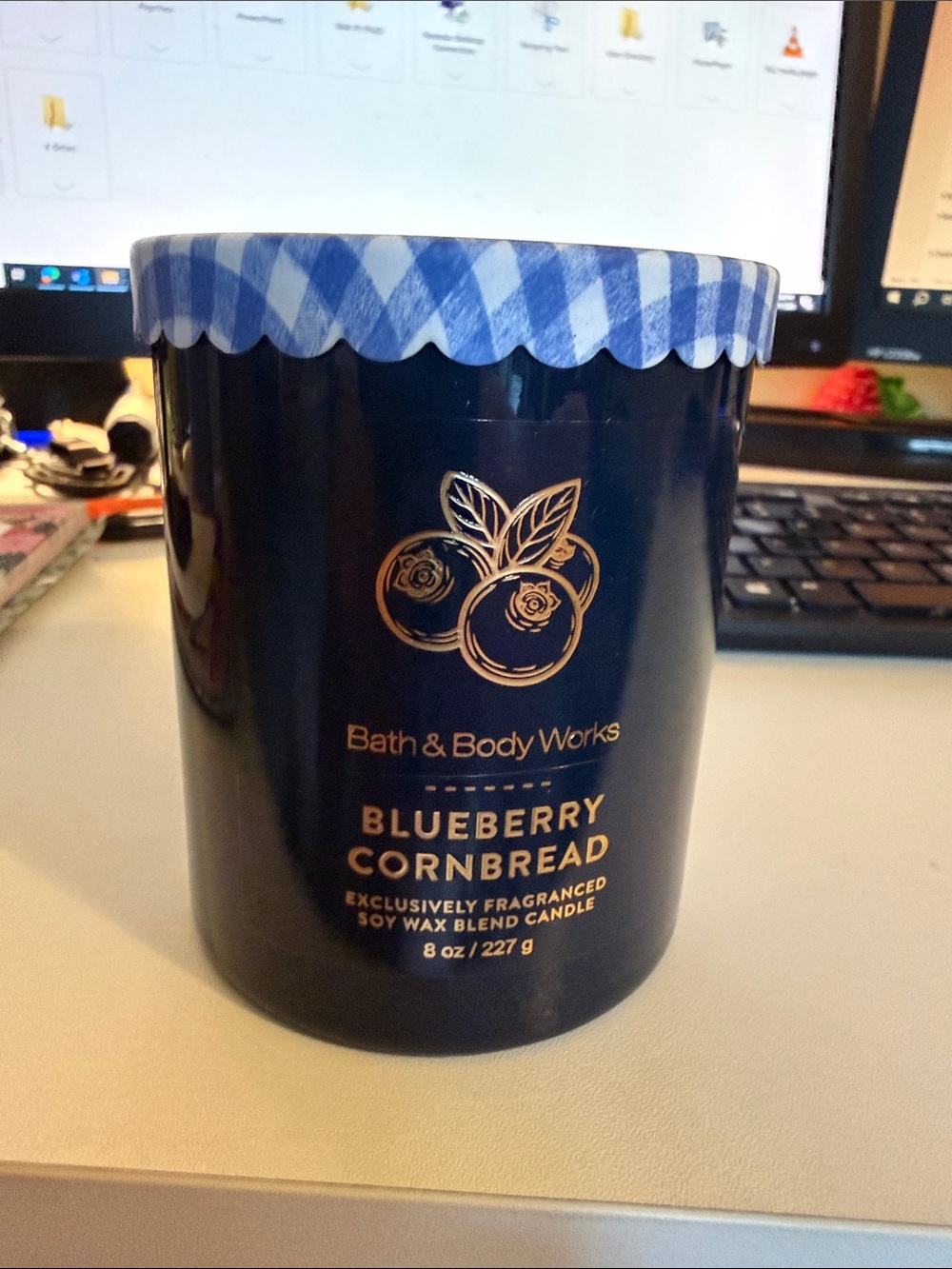 Bath & Body Works Blueberry Cornbread Candle - Navy Blue with Gold Accents